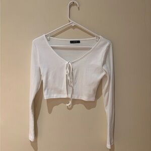 White Tie-Front Long Sleeve Crop Top